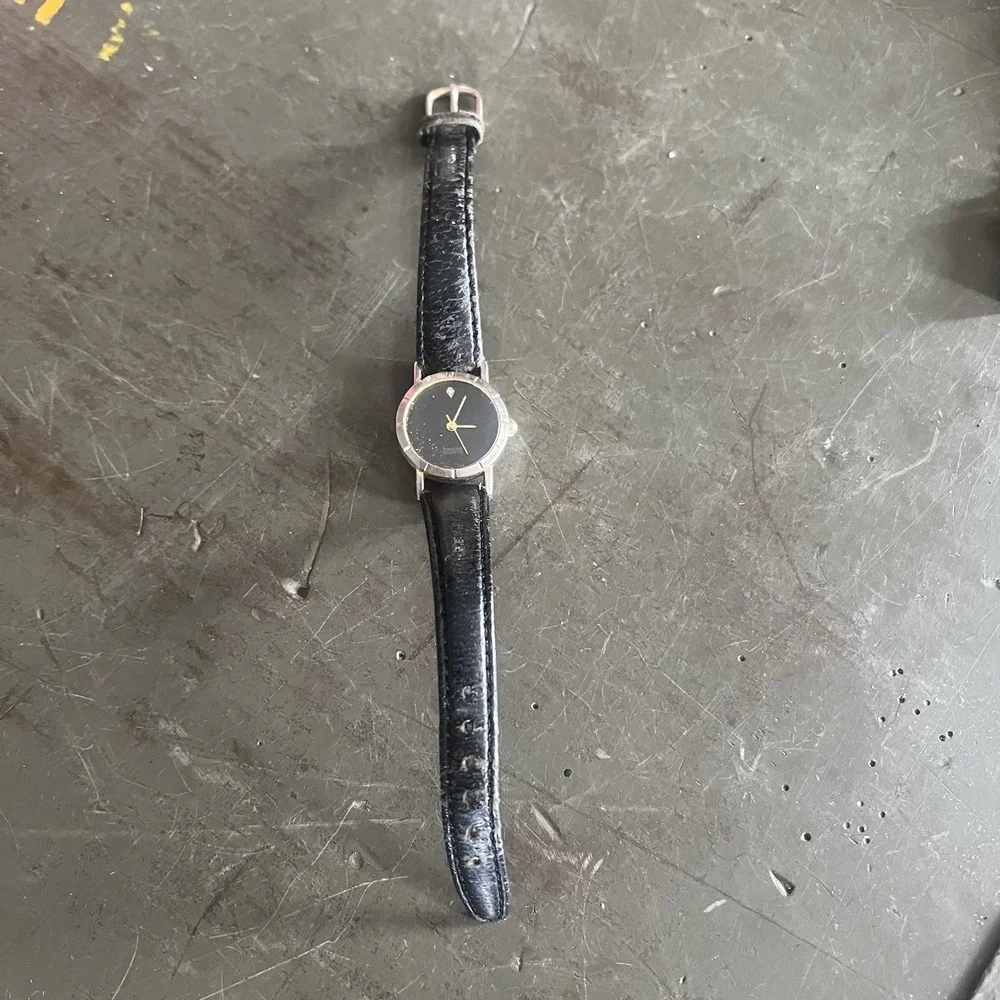 Vintage Diamond Quartz Watch Women Black Leather Strap Analog Round Case AS IS
